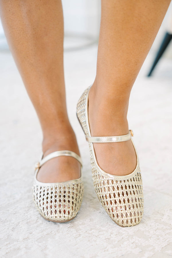 Plus Size gold woven Mary Jane flats with a round toe and adjustable buckle strap.
