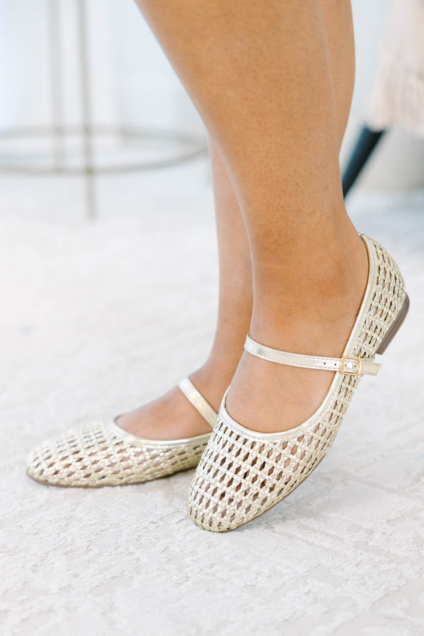 Plus Size gold woven Mary Jane flats with a round toe and adjustable buckle strap.