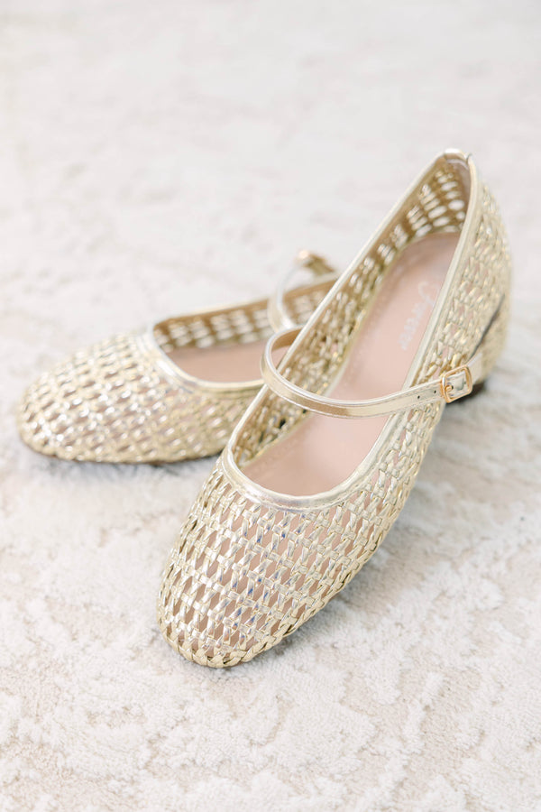 Plus Size gold woven Mary Jane flats with a round toe and adjustable buckle strap.