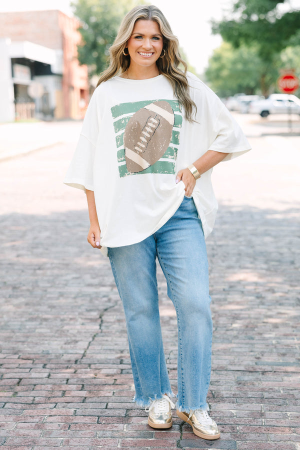 Plus Size ivory oversized boyfriend tee with a football graphic 