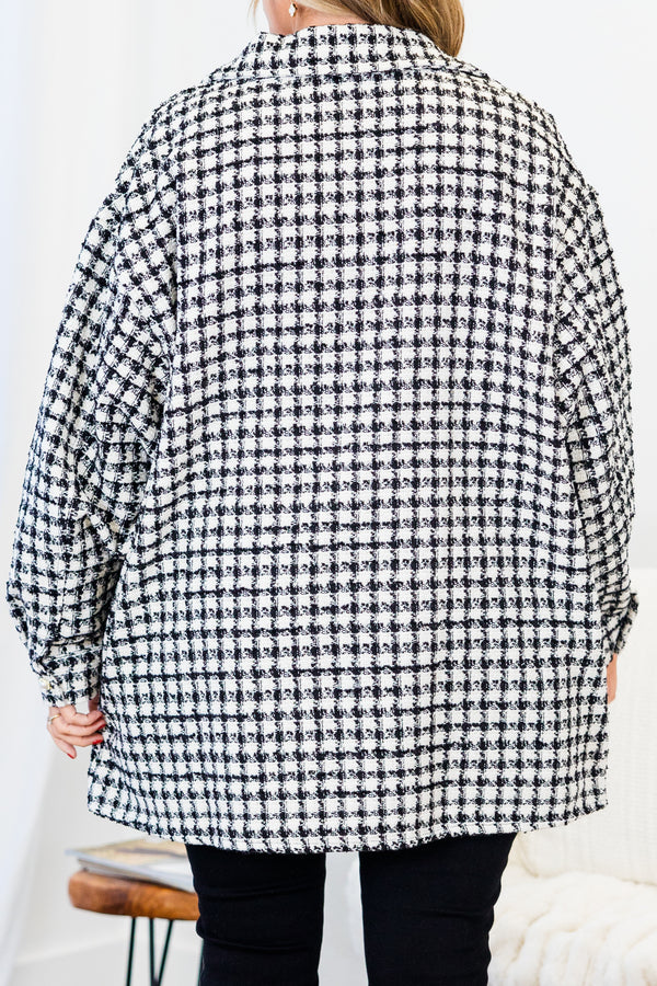 Chic Soul plus size clothing, black and white small tweed print button up jacket with cuff sleeves and collar detail with chest pocket 