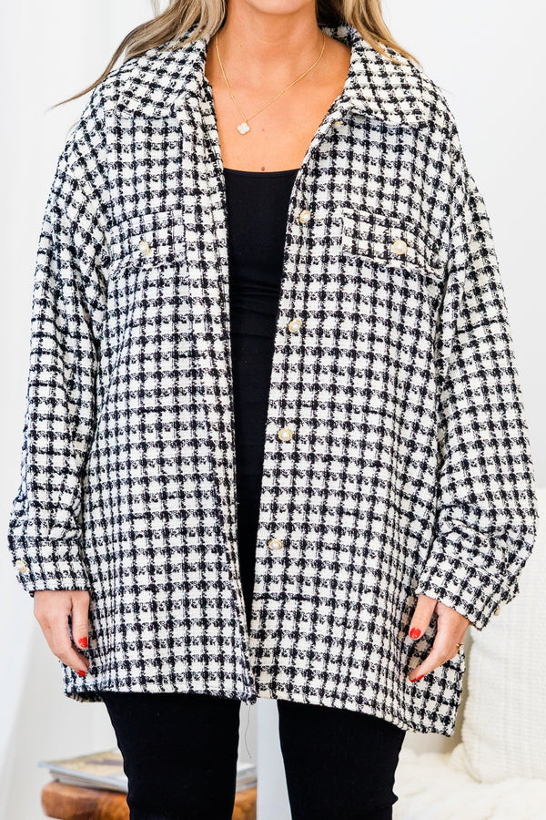 Chic Soul plus size clothing, black and white small tweed print button up jacket with cuff sleeves and collar detail with chest pocket 