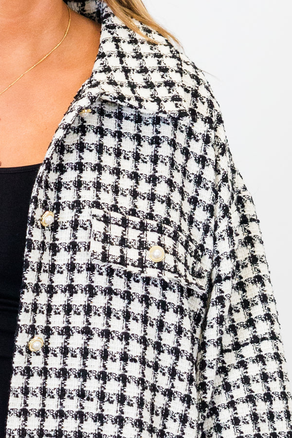 Chic Soul plus size clothing, black and white small tweed print button up jacket with cuff sleeves and collar detail with chest pocket 