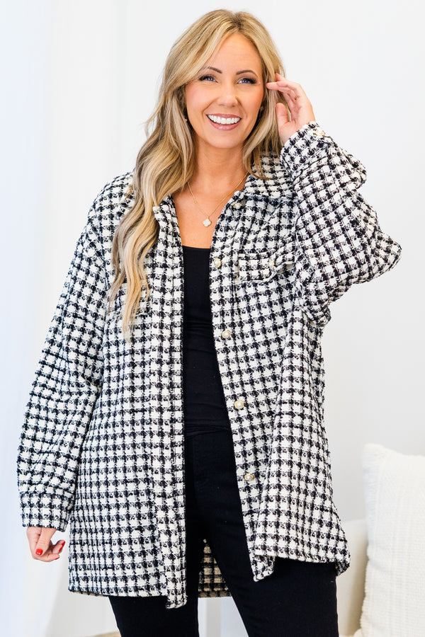 Chic Soul plus size clothing, black and white small tweed print button up jacket with cuff sleeves and collar detail with chest pocket 