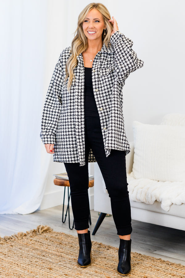 Chic Soul plus size clothing, black and white small tweed print button up jacket with cuff sleeves and collar detail with chest pocket 