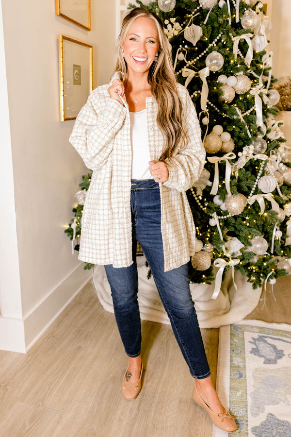 Chic Soul plus size clothing, cream and gold tweed jacket with gold buttons and a collar