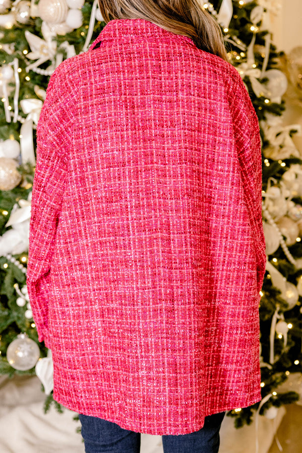 Chic Soul plus size clothing, hot pink tweed jacket with a collar and gold buttons