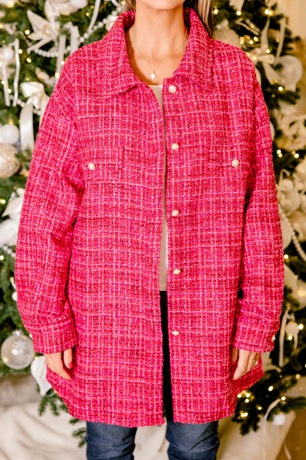 Chic Soul plus size clothing, hot pink tweed jacket with a collar and gold buttons