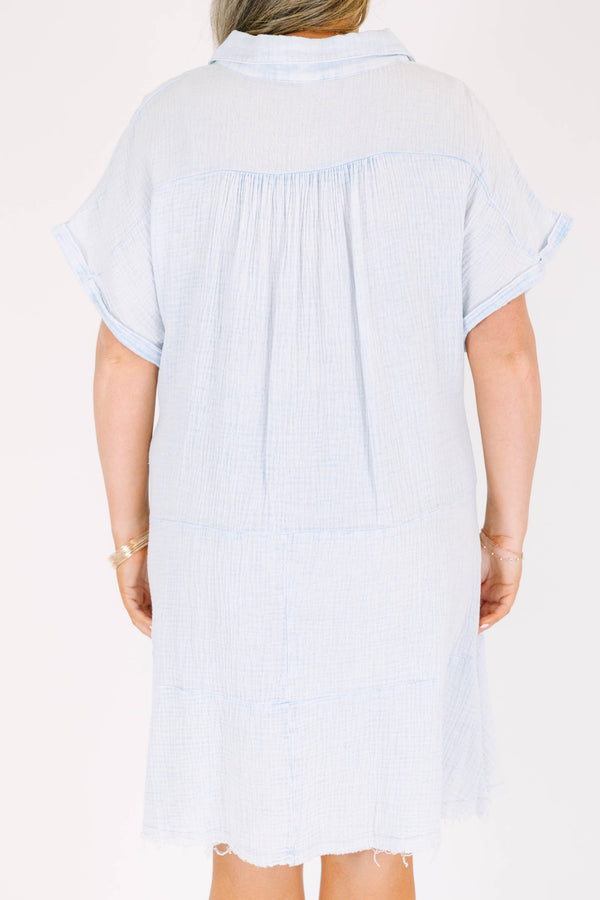 Chic Soul plus size clothing, short sleeve distressed denim blue baby doll dress with collar and v-neckline and darker blue stitching details