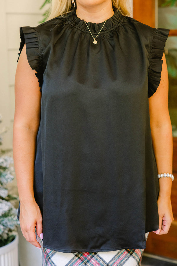 Chic Soul plus size clothing, black short flutter sleeve top with ruffle around the neckline