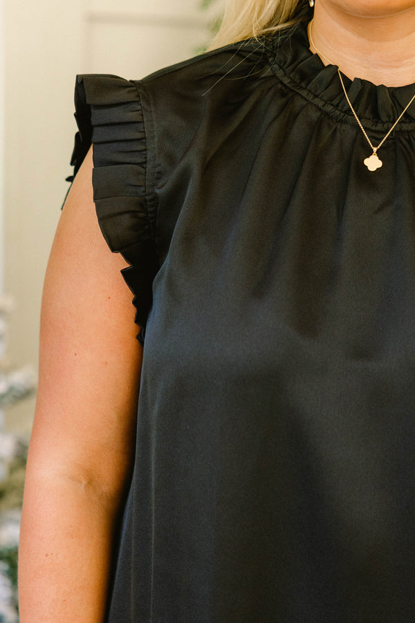 Chic Soul plus size clothing, black short flutter sleeve top with ruffle around the neckline