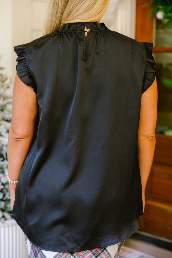Chic Soul plus size clothing, black short flutter sleeve top with ruffle around the neckline