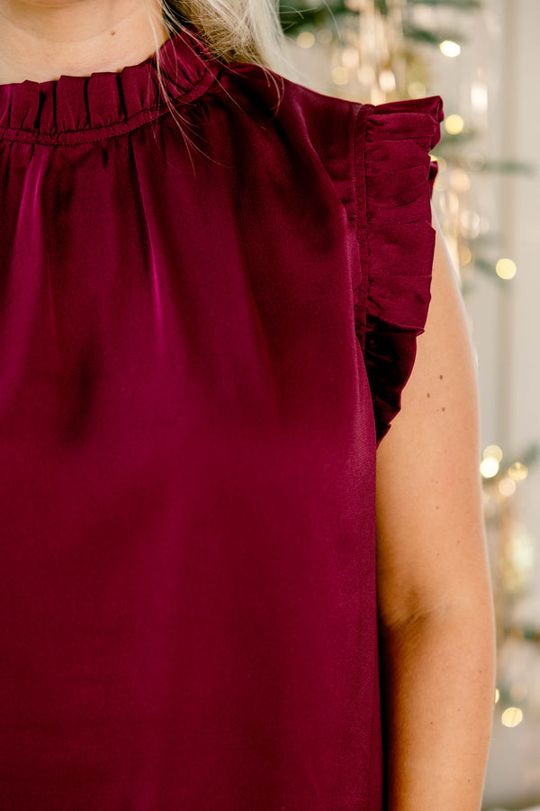 Chic Soul plus size clothing, burgundy satin sleeveless high neck top with ruffles on the sleeves and collar