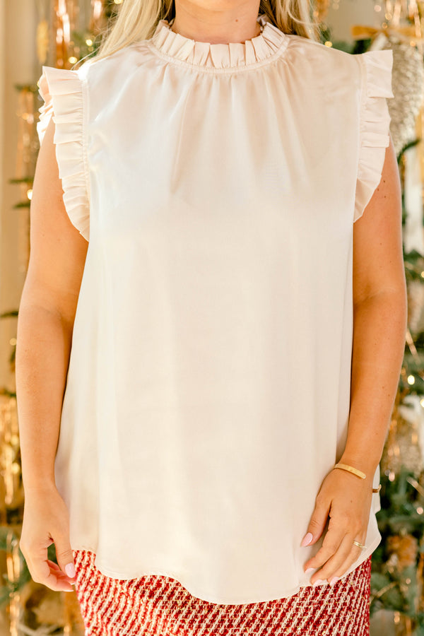 Chic Soul plus size clothing, cream satin high neck sleeveless top with a small ruffle around the collar and sleeves