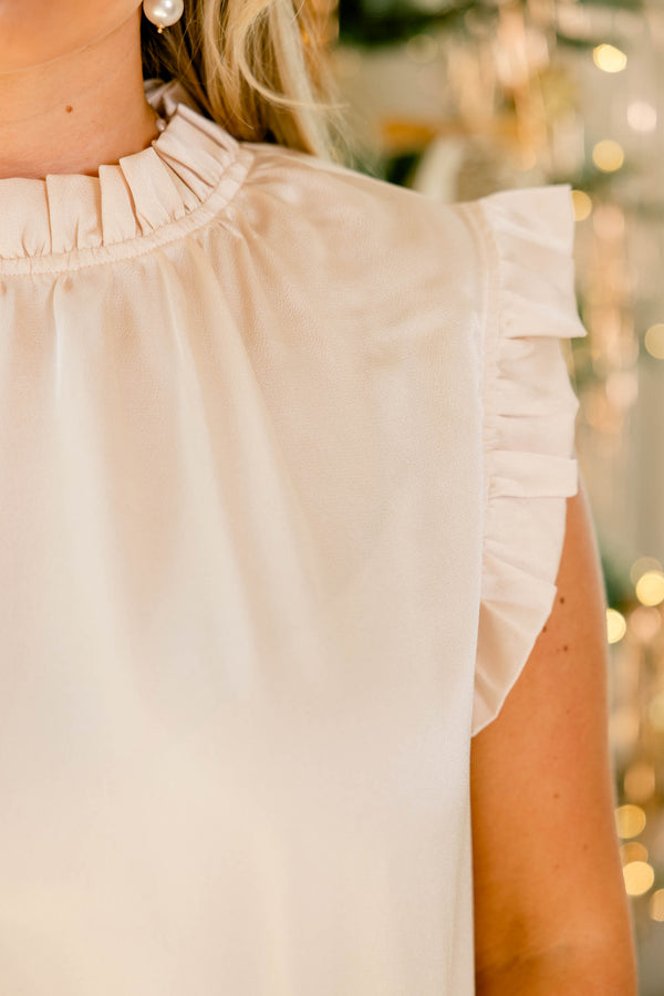 Chic Soul plus size clothing, cream satin high neck sleeveless top with a small ruffle around the collar and sleeves