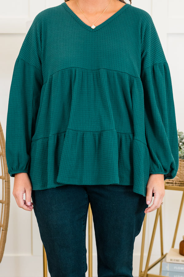 Chic Soul plus size clothing, hunter green long sleeve waffle knit tiered ruffle top with cuff sleeves and v neckline