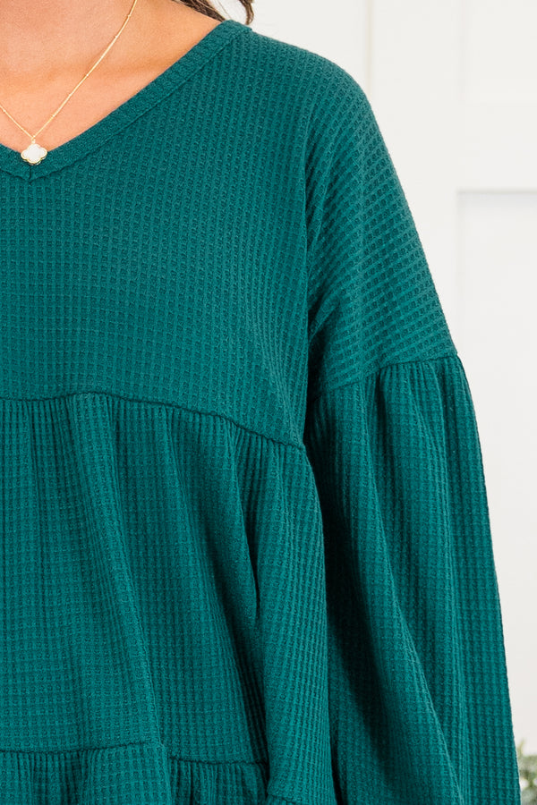 Chic Soul plus size clothing, hunter green long sleeve waffle knit tiered ruffle top with cuff sleeves and v neckline