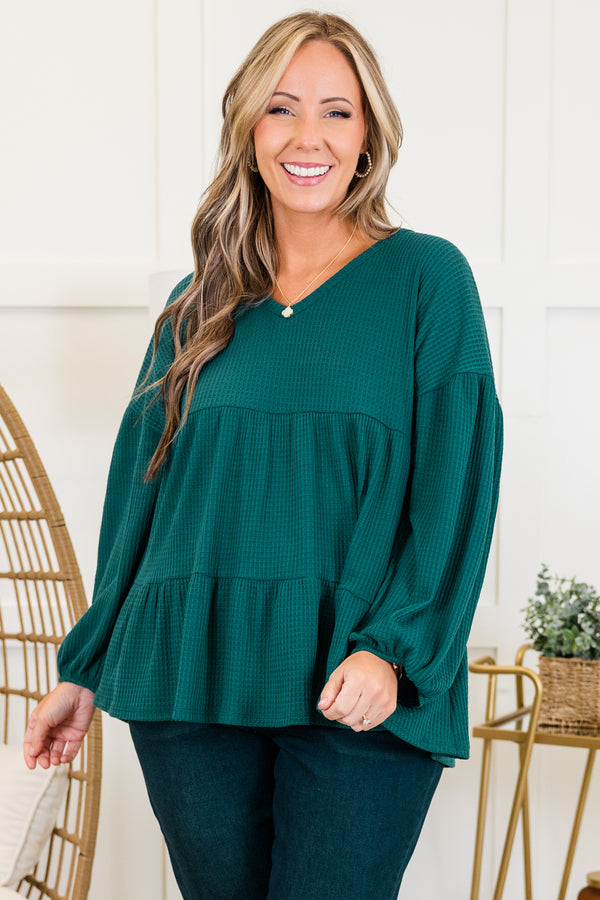 Chic Soul plus size clothing, hunter green long sleeve waffle knit tiered ruffle top with cuff sleeves and v neckline