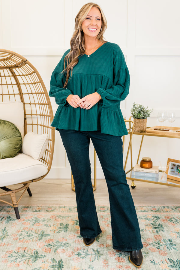 Chic Soul plus size clothing, hunter green long sleeve waffle knit tiered ruffle top with cuff sleeves and v neckline