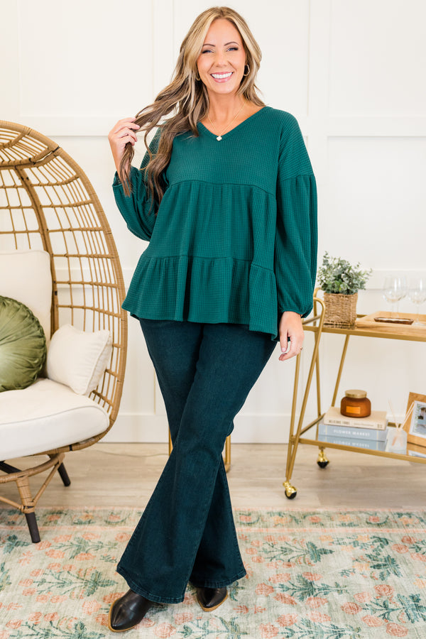 Chic Soul plus size clothing, hunter green long sleeve waffle knit tiered ruffle top with cuff sleeves and v neckline