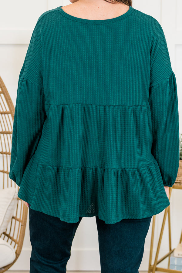 Chic Soul plus size clothing, hunter green long sleeve waffle knit tiered ruffle top with cuff sleeves and v neckline