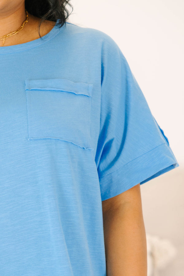 Plus Size ocean blue short sleeve top with a crew neck and front chest pocket.