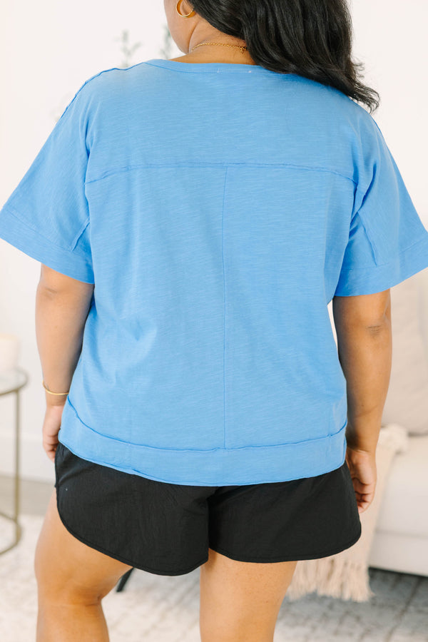 Plus Size ocean blue short sleeve top with a crew neck and front chest pocket.
