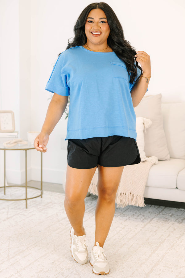 Plus Size ocean blue short sleeve top with a crew neck and front chest pocket.