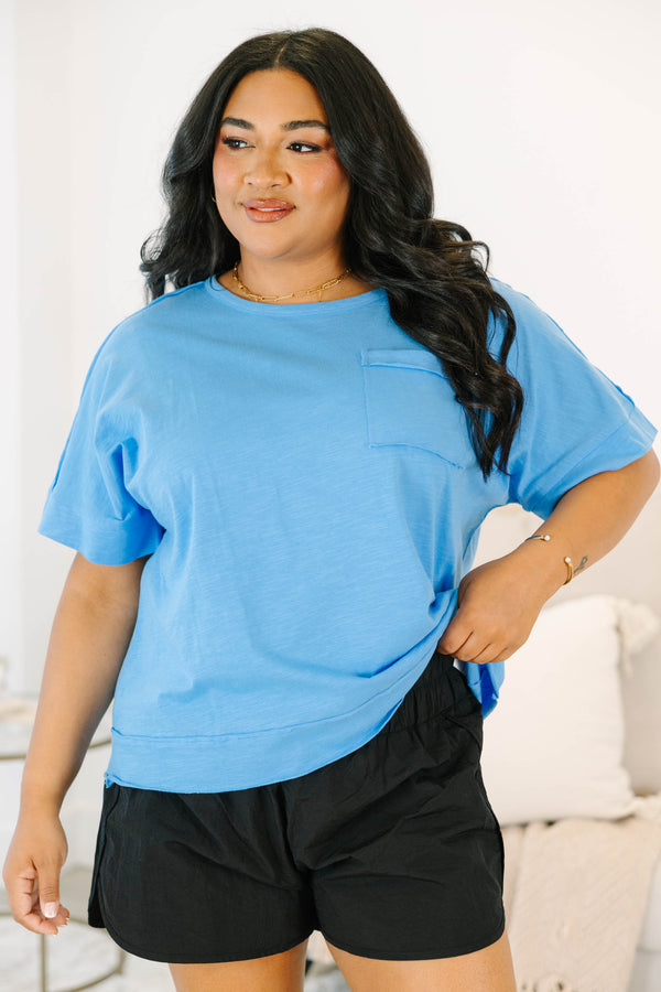 Plus Size ocean blue short sleeve top with a crew neck and front chest pocket.