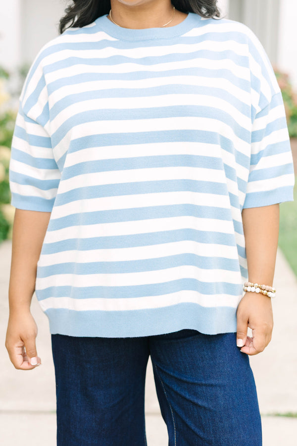 Plus Size blue and white striped drop shoulder sweater with short sleeves and a crew neckline.