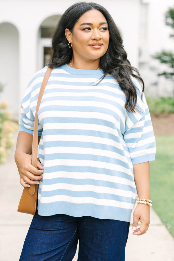 Plus Size blue and white striped drop shoulder sweater with short sleeves and a crew neckline.