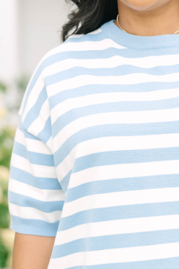 Plus Size blue and white striped drop shoulder sweater with short sleeves and a crew neckline.