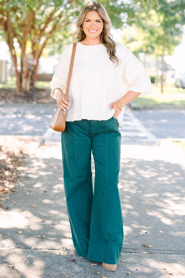 Plus Size hunter green wide-leg jeans with front seam detail and a high-waisted fit.
