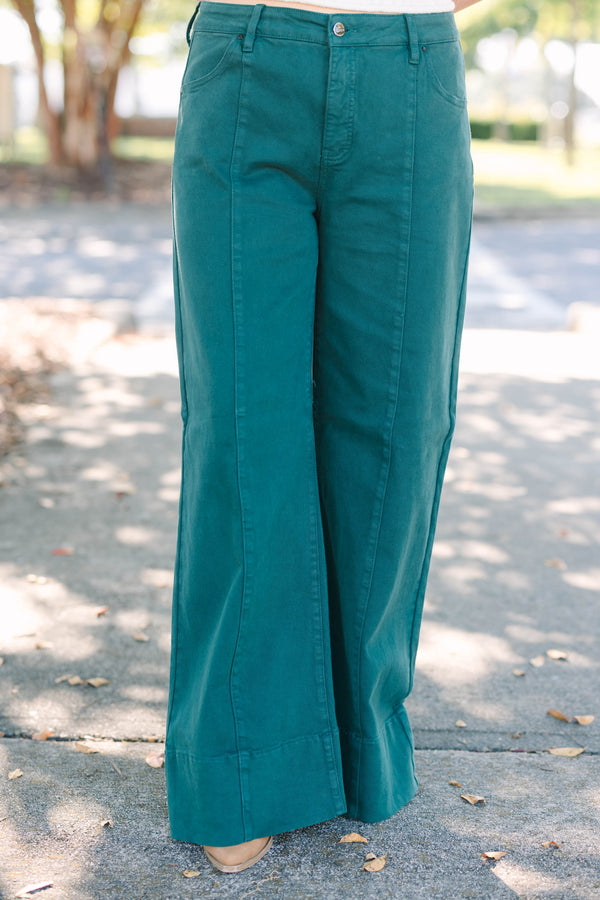 Plus Size hunter green wide-leg jeans with front seam detail and a high-waisted fit.