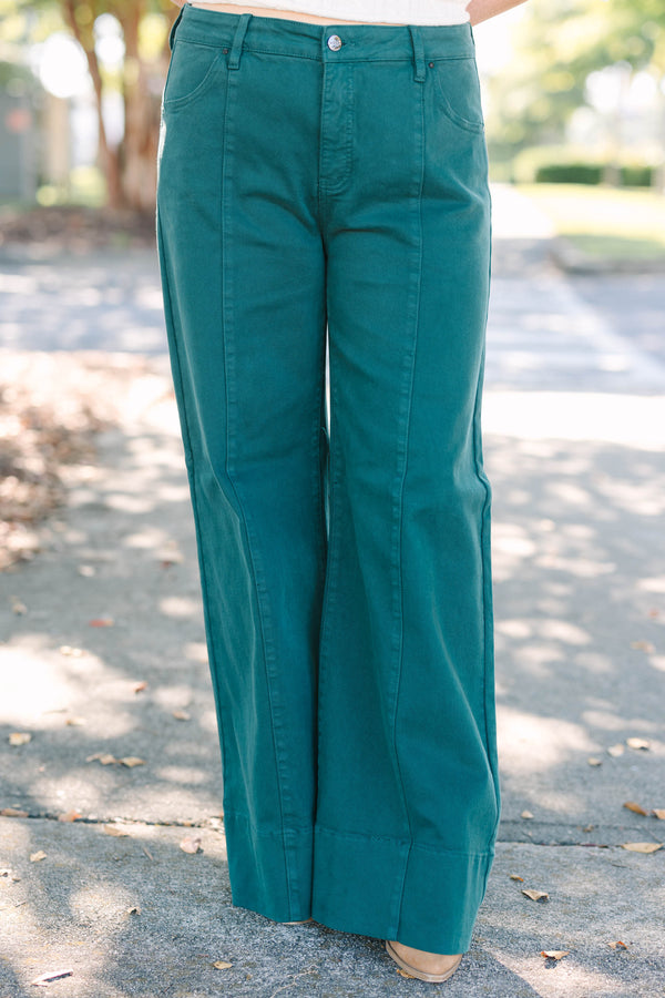 Plus Size hunter green wide-leg jeans with front seam detail and a high-waisted fit.