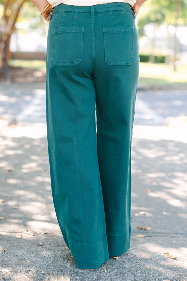 Plus Size hunter green wide-leg jeans with front seam detail and a high-waisted fit.