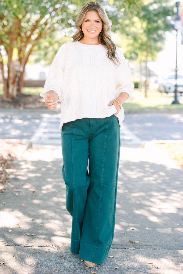 Plus Size hunter green wide-leg jeans with front seam detail and a high-waisted fit.