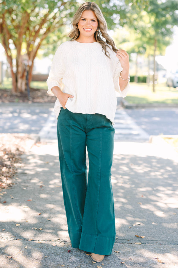 Plus Size hunter green wide-leg jeans with front seam detail and a high-waisted fit.