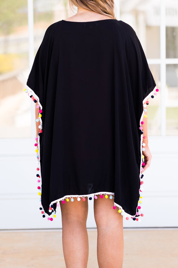 Chic Soul plus size clothing, black coverup with multicolor pom pom detailing