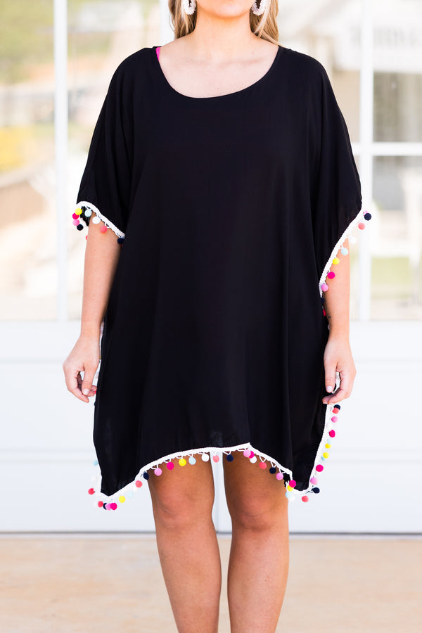 Chic Soul plus size clothing, black coverup with multicolor pom pom detailing