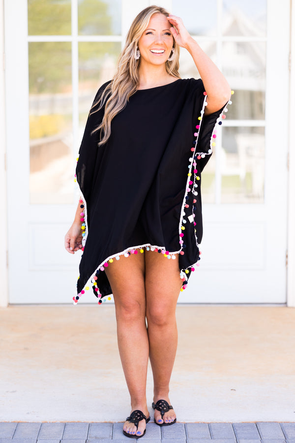 Chic Soul plus size clothing, black coverup with multicolor pom pom detailing