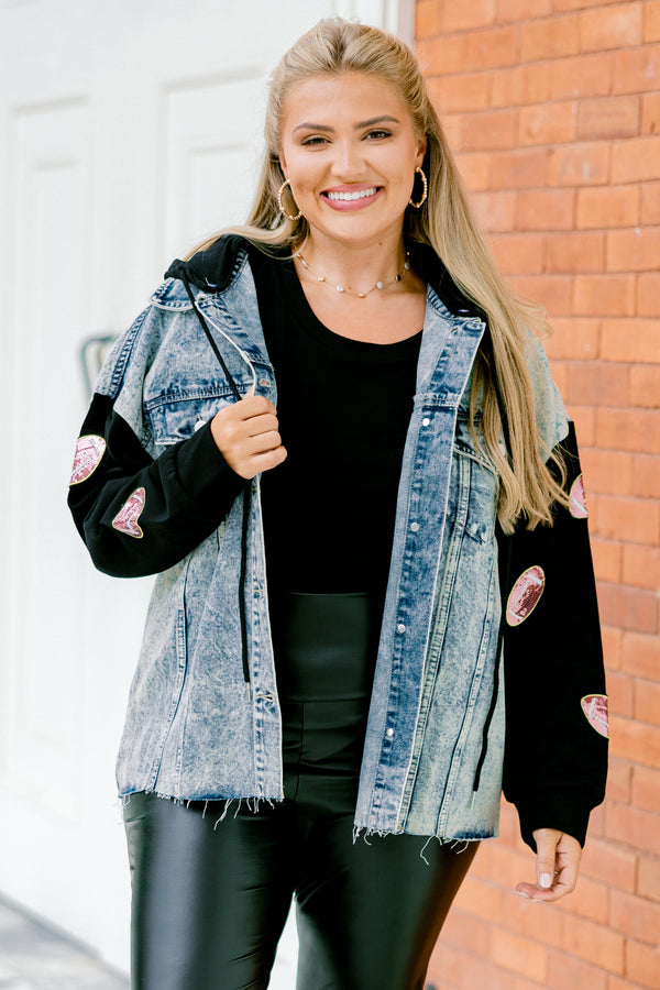 Chic Soul plus size clothing, denim jacket with long black sleeves that have sparkly football patches along each sleeve 