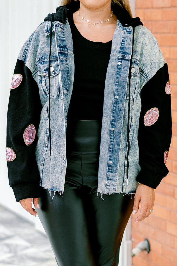 Chic Soul plus size clothing, denim jacket with long black sleeves that have sparkly football patches along each sleeve 