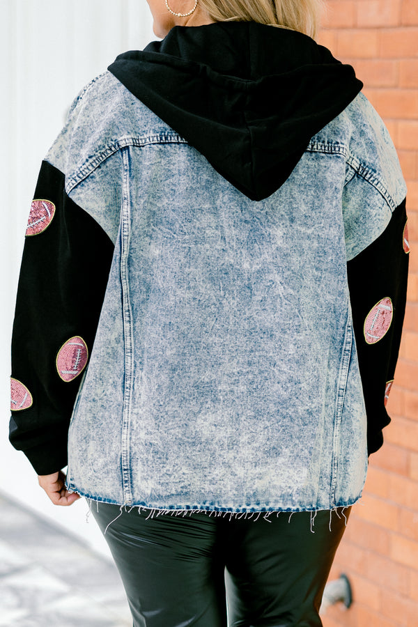Chic Soul plus size clothing, denim jacket with long black sleeves that have sparkly football patches along each sleeve 