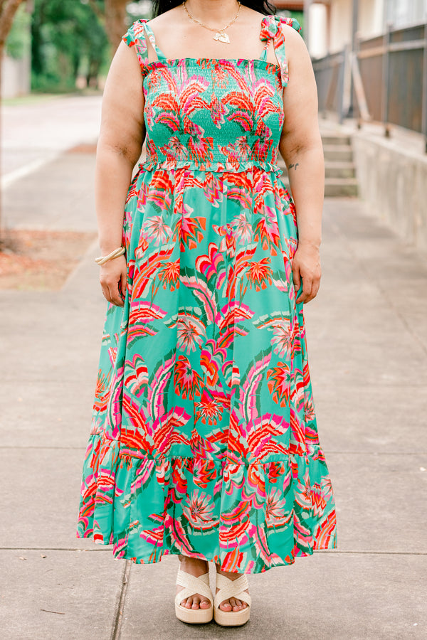 Chic Soul plus size clothing, turquoise tie strap maxi dress with coral floral pattern