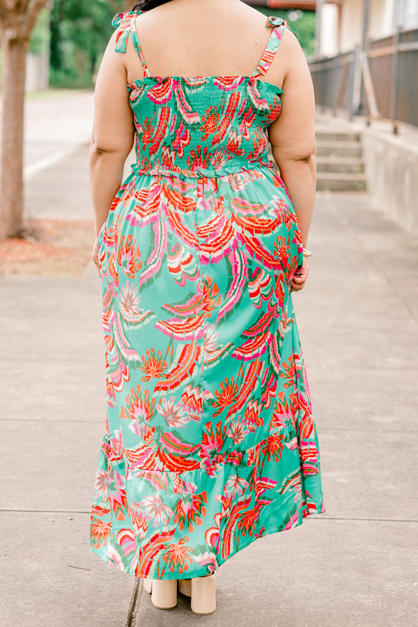 Chic Soul plus size clothing, turquoise tie strap maxi dress with coral floral pattern