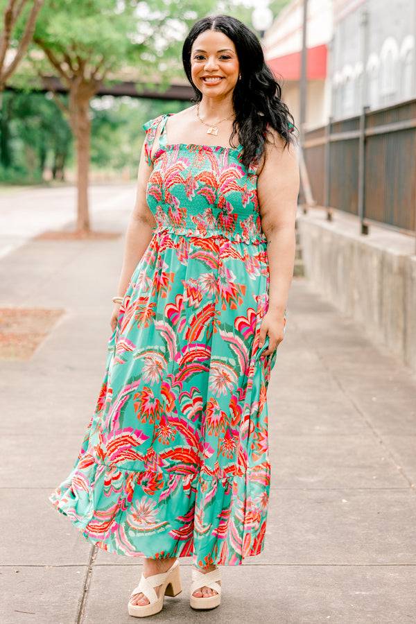 Chic Soul plus size clothing, turquoise tie strap maxi dress with coral floral pattern