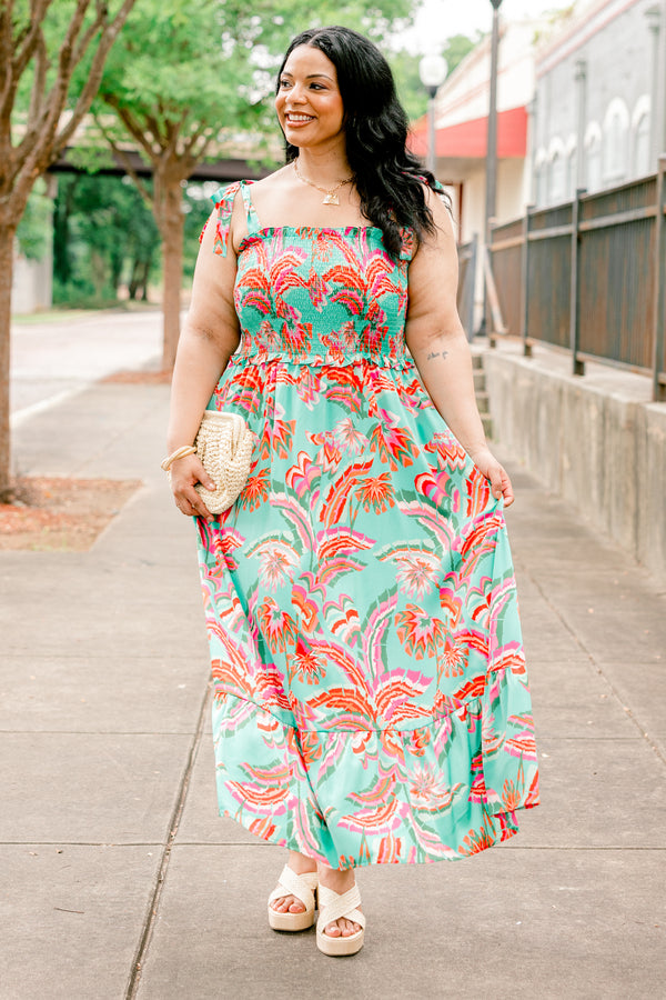 Chic Soul plus size clothing, turquoise tie strap maxi dress with coral floral pattern