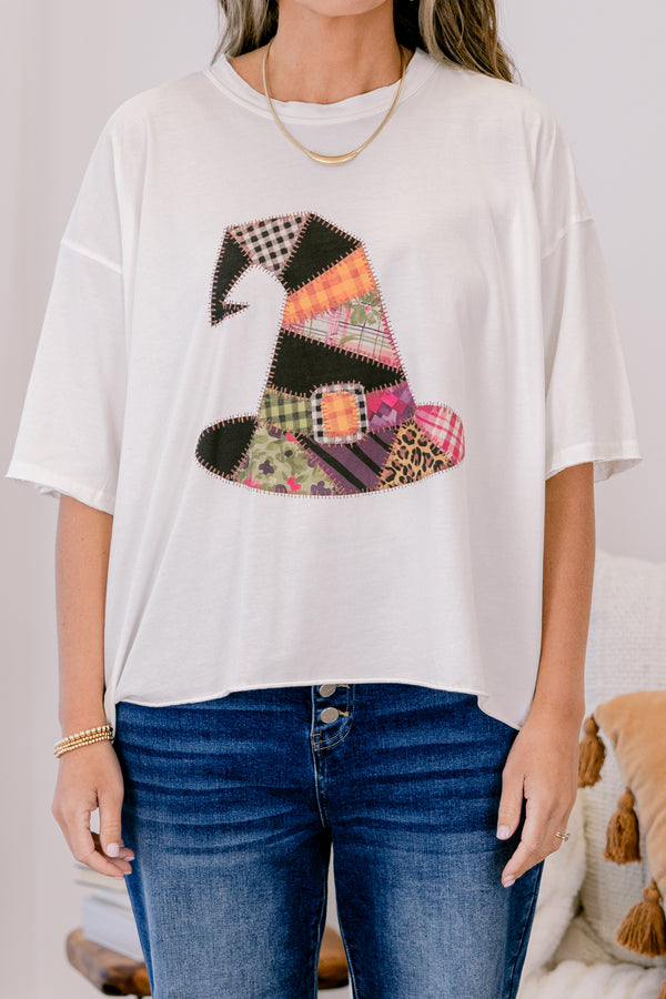 Chic Soul plus size clothing, white relaxed fit tee with patchwork patterned witches hat graphic in the center
