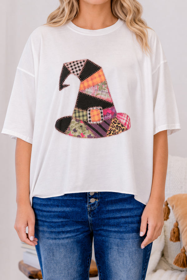 Chic Soul plus size clothing, white relaxed fit tee with patchwork patterned witches hat graphic in the center